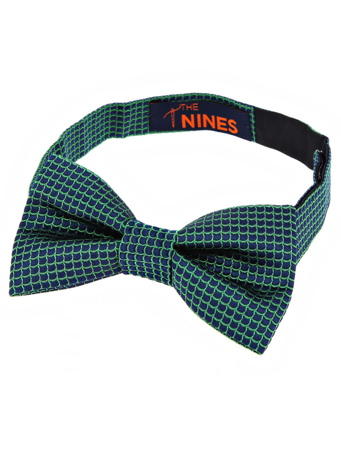 Nœud Papillon bleu marine à motif japonais seigaiha vert en soie