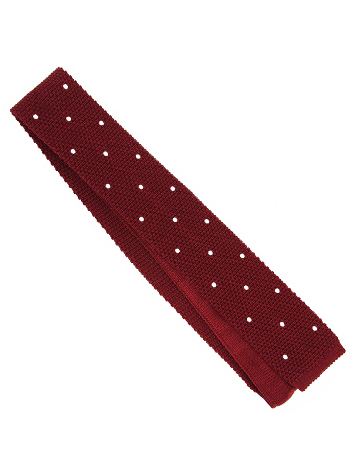 Cravate tricot en soie rouge grenat à pois blancs