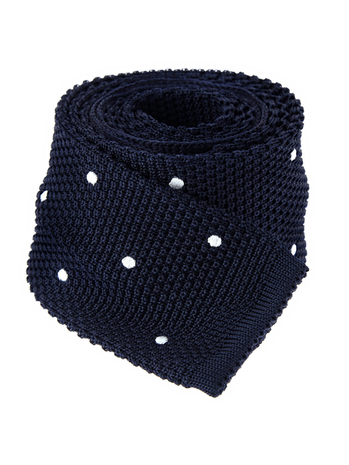 Cravate tricot en soie bleu marine à pois blancs