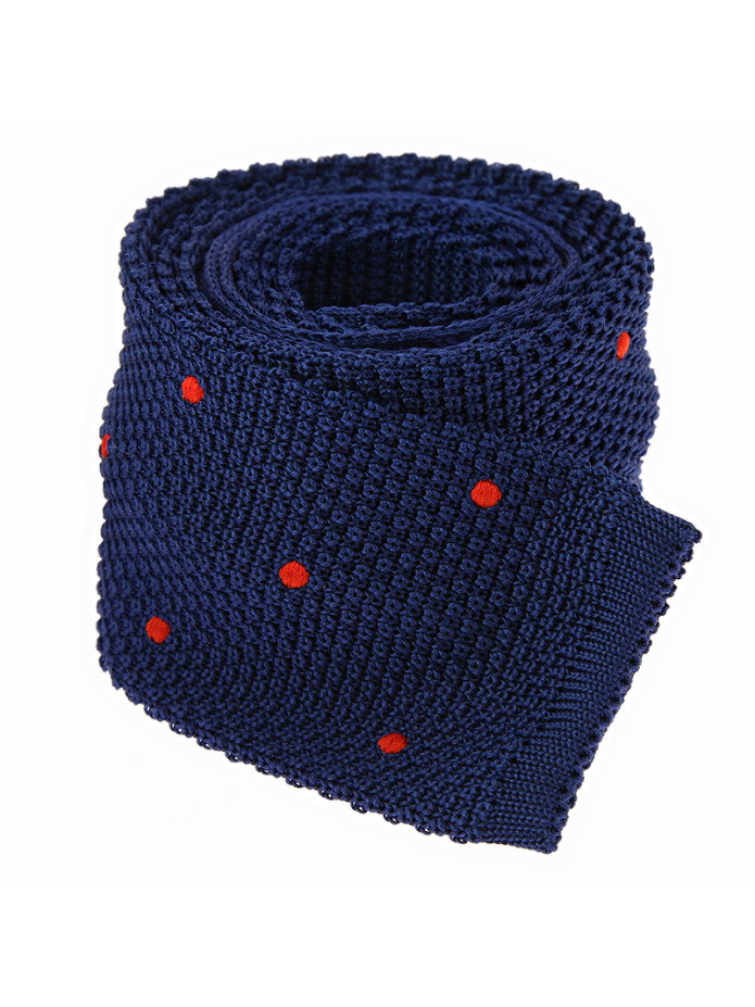 Cravate tricot en soie bleue à pois orange
