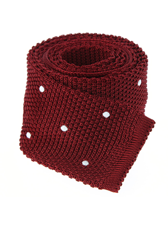 Cravate tricot en soie rouge grenat à pois blancs