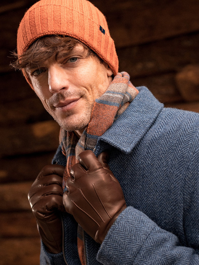 Gants marron en cuir d'agneau et doublure cachemire