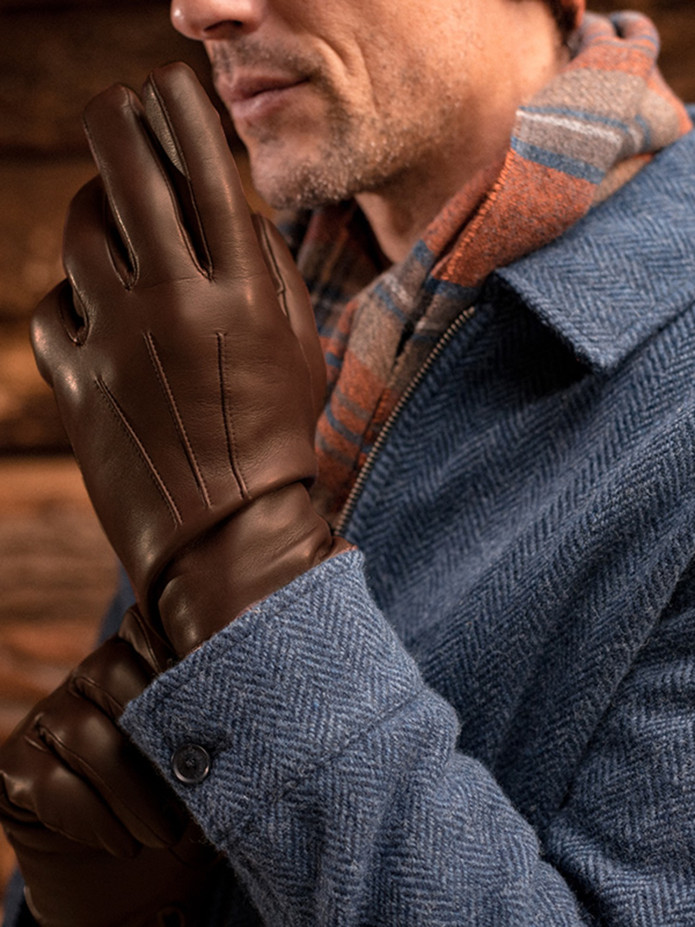 Gants marron en cuir d'agneau et doublure cachemire