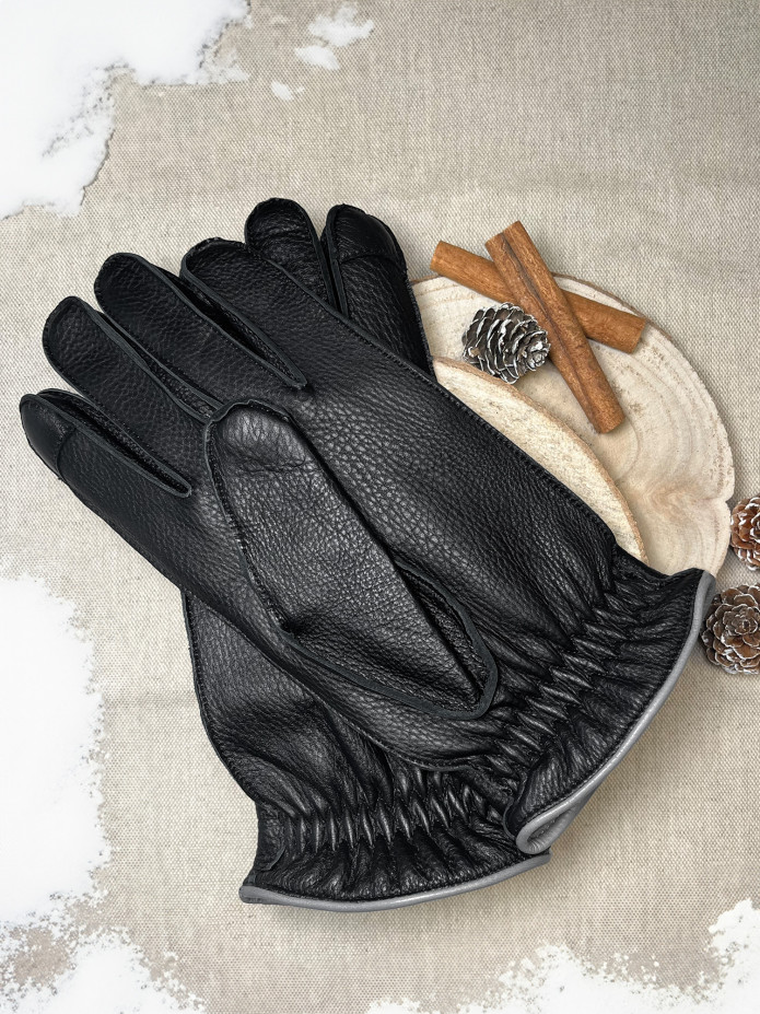Gants en cuir tactiles noirs doublure cachemire grise