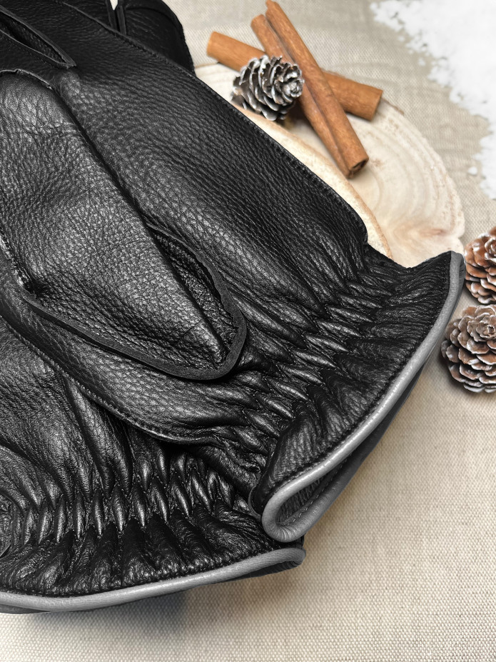 Gants en cuir tactiles noirs doublure cachemire grise