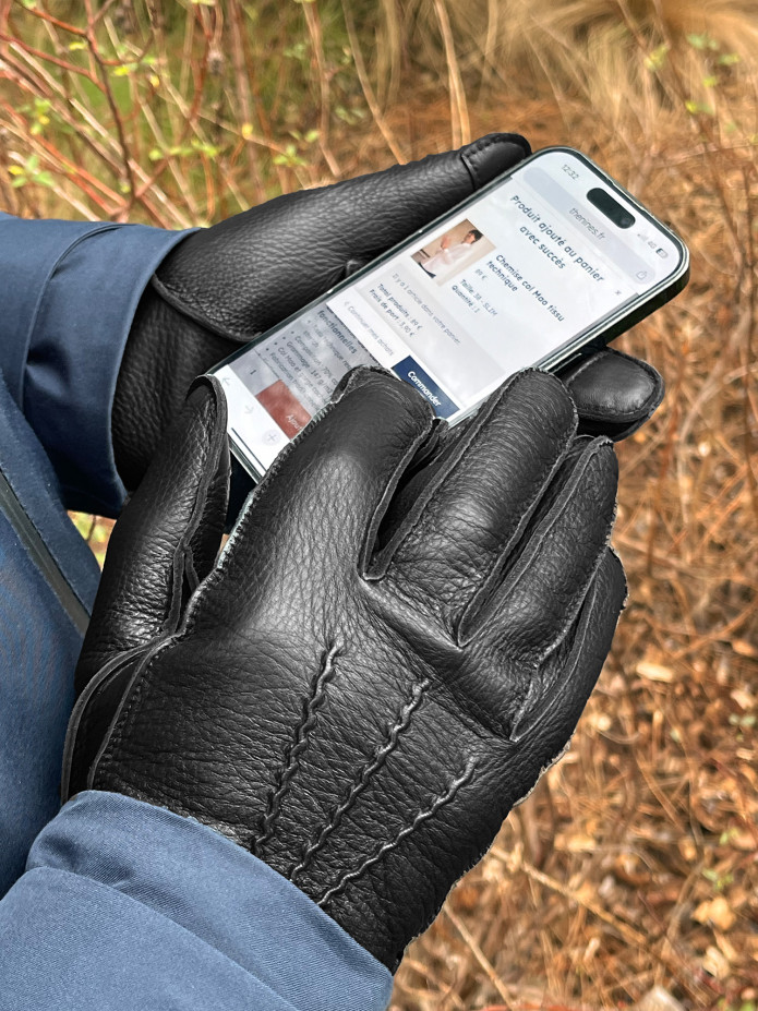 Gants en cuir tactiles noirs doublure cachemire grise