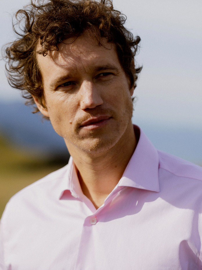 Chemise col italien en popeline rose
