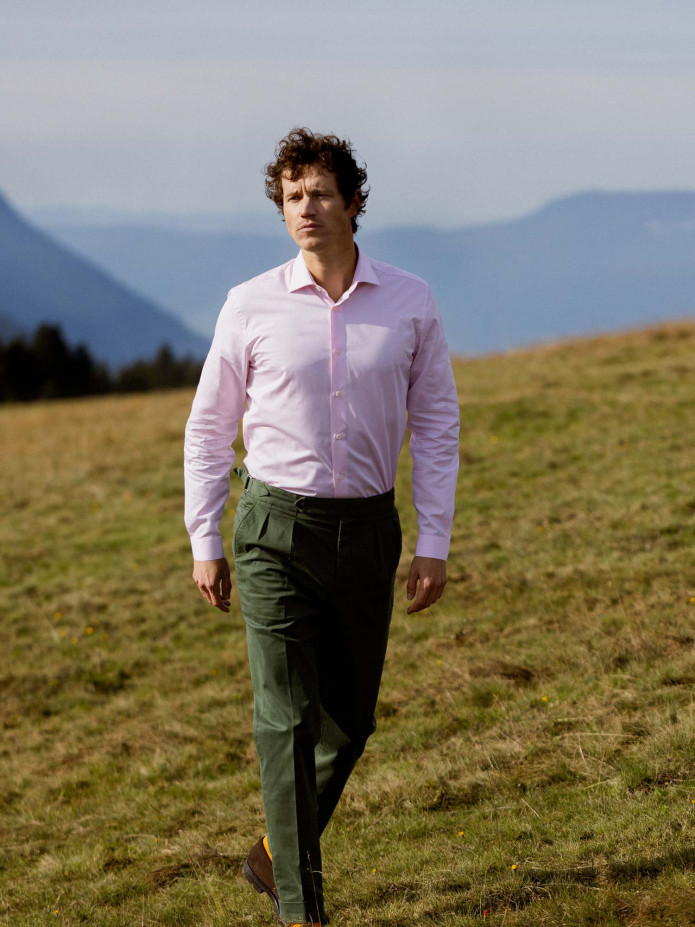 Chemise col italien en popeline rose