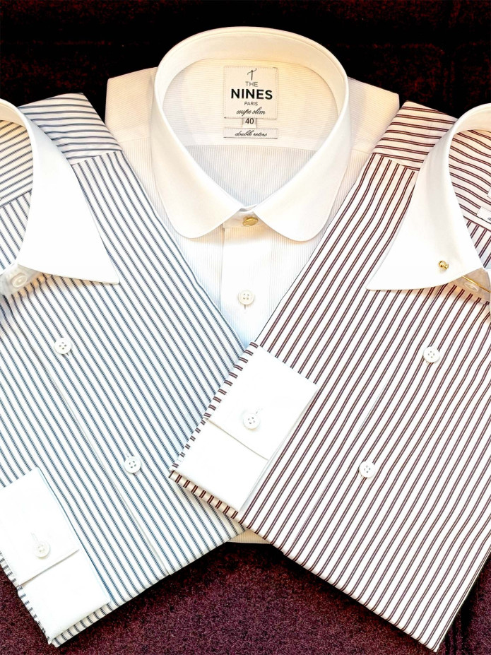 Chemise col rond en dobby blanc avec bouton doré
