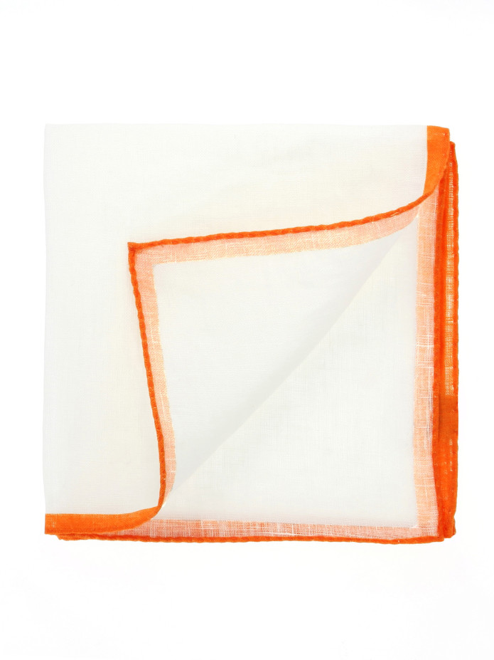 Pochette de costume en lin blanc avec ourlet orange