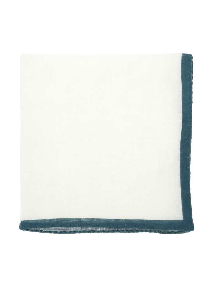 Pochette de costume en lin blanc avec ourlet vert thym