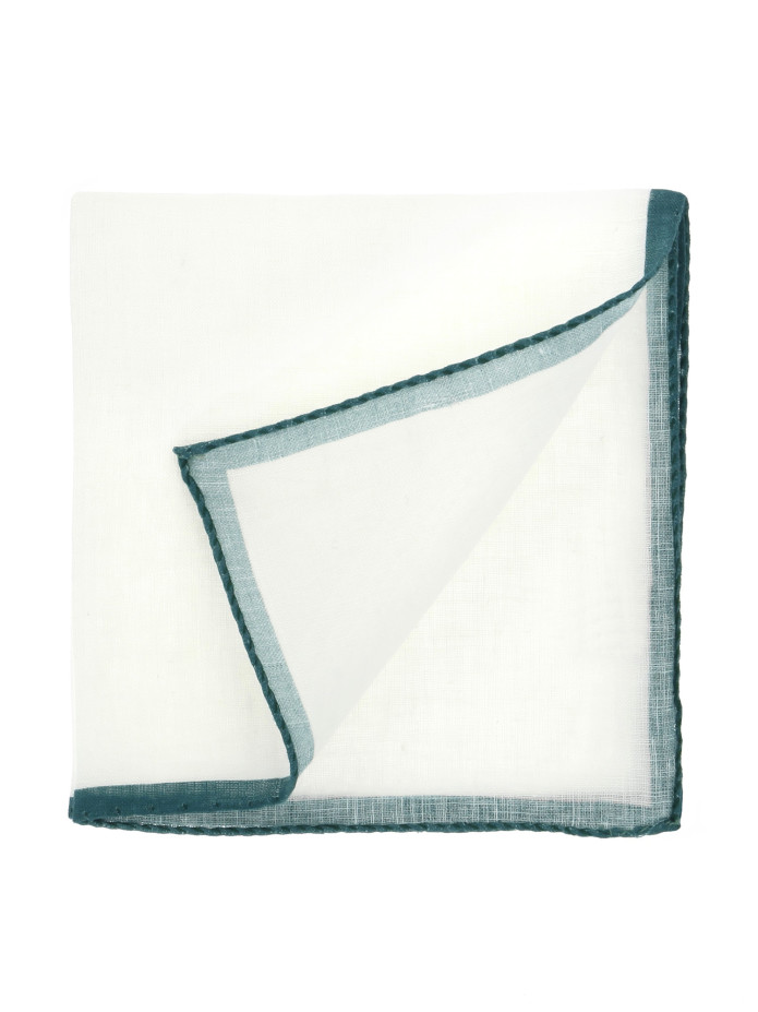 Pochette de costume en lin blanc avec ourlet vert thym