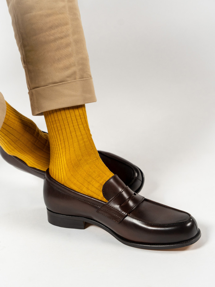 Chaussettes laine vierge jaune moutarde