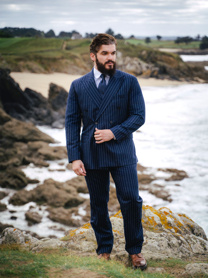 Pantalon en flanelle bleu marine à rayures Tregorn