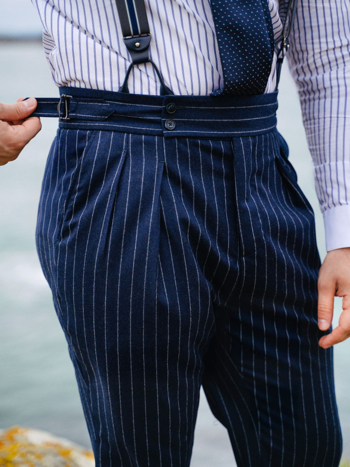 Pantalon en flanelle bleu marine à rayures Tregorn