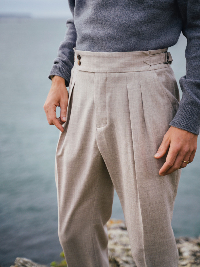 Pantalon taille haute en flanelle beige Litha
