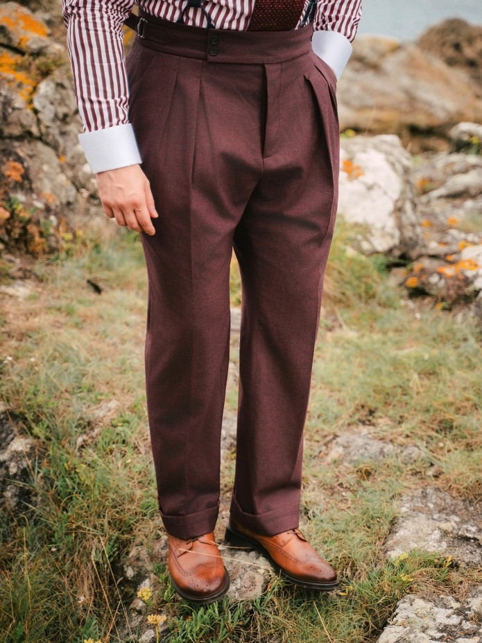 Pantalon taille haute en flanelle bordeaux Litha