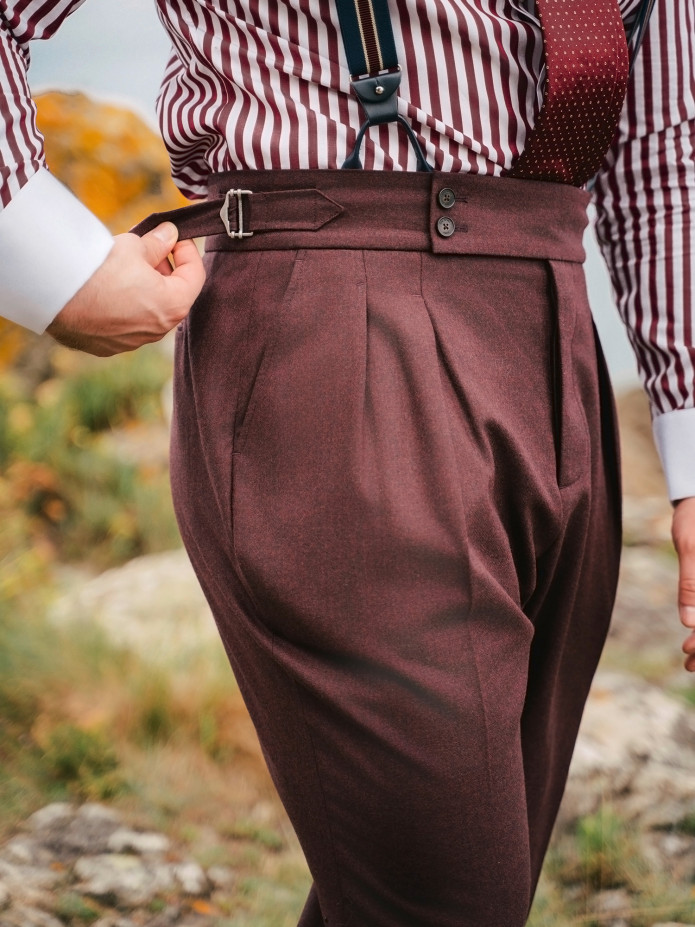 Pantalon taille haute en flanelle bordeaux Litha