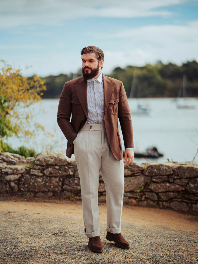 Pantalon taille haute en flanelle beige Litha