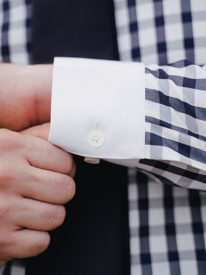 Chemise col français en twill vichy bleu marine