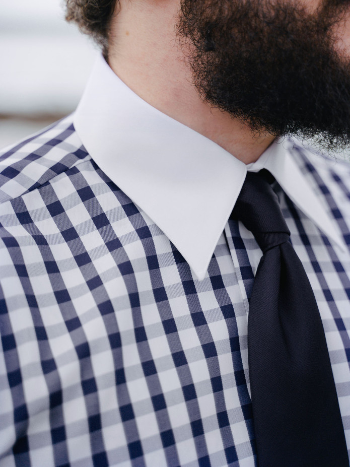 Chemise col français en twill vichy bleu marine