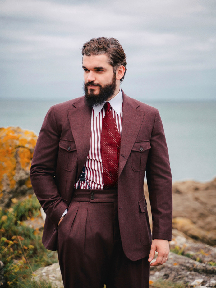 Pantalon taille haute en flanelle bordeaux Litha
