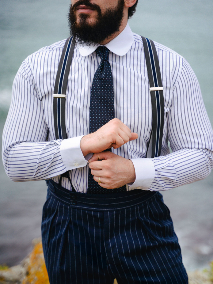 Bretelles homme rayées gris et bleu à boutons
