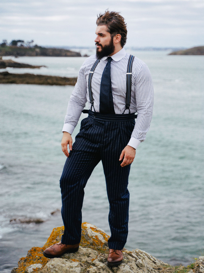 Bretelles homme rayées gris et bleu à boutons