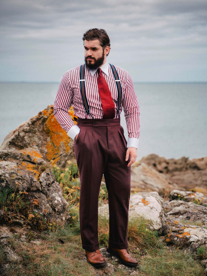 Pantalon taille haute en flanelle bordeaux Litha