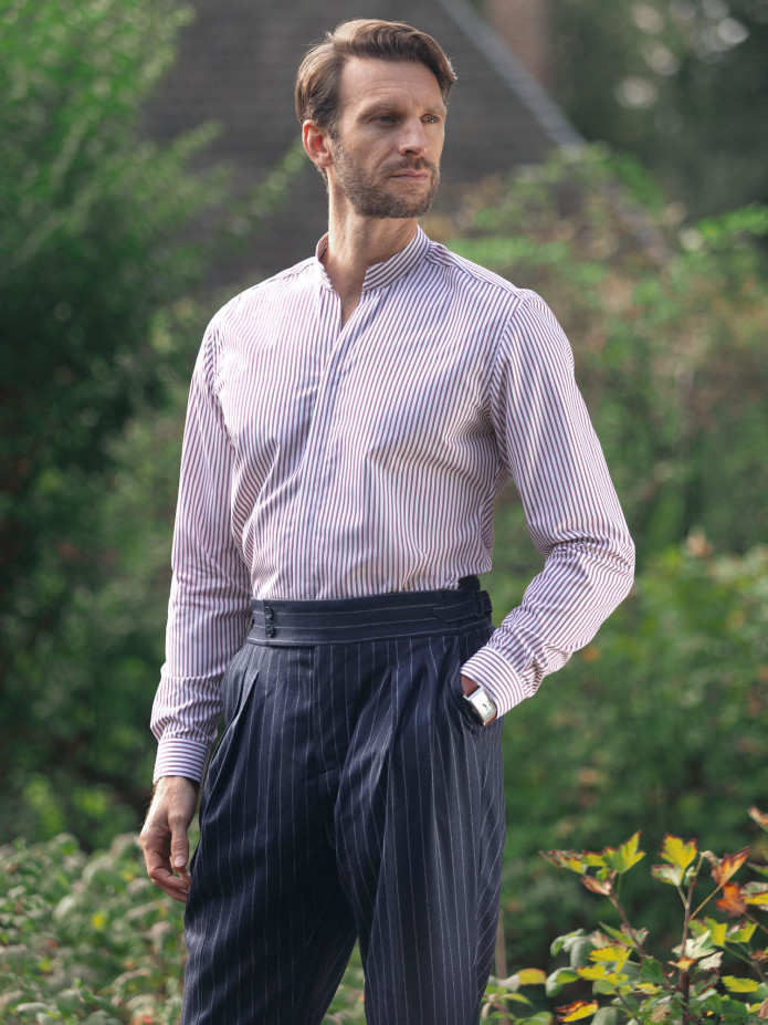 Chemise col droit ouvert à rayures bordeaux
