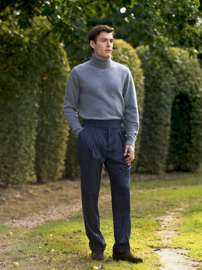 Pantalon en flanelle bleu marine à rayures Tregorn