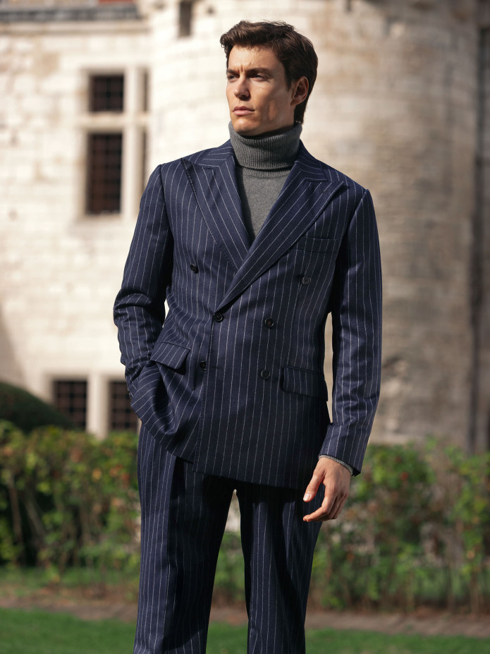 Pantalon en flanelle bleu marine à rayures Tregorn