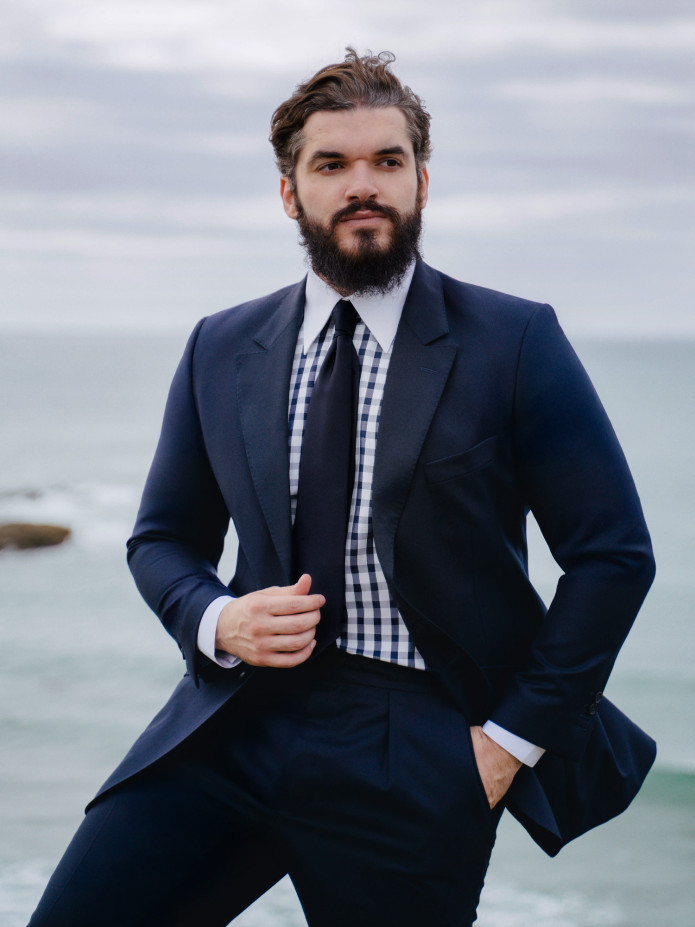 Chemise col français en twill vichy bleu marine