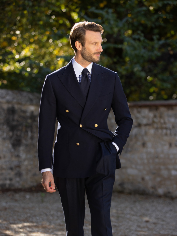 Chemise col français en twill vichy bleu marine