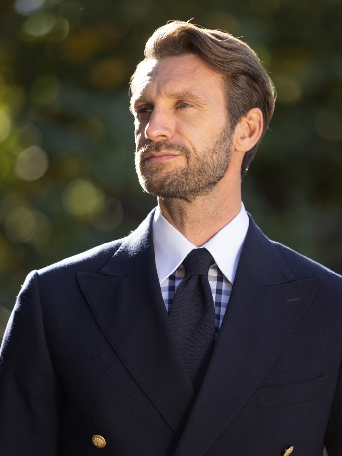 Chemise col français en twill vichy bleu marine